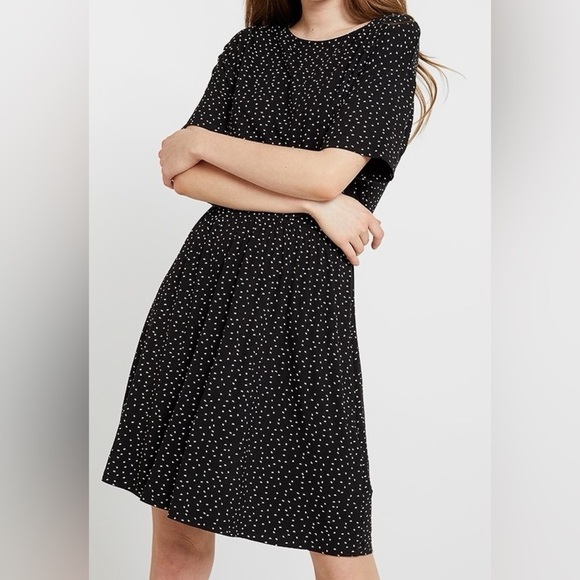 ICHI Ihlisa DR6 Jersey Mini Dress Black Polka Dot Size Large Stretch EUC - Picture 2 of 10